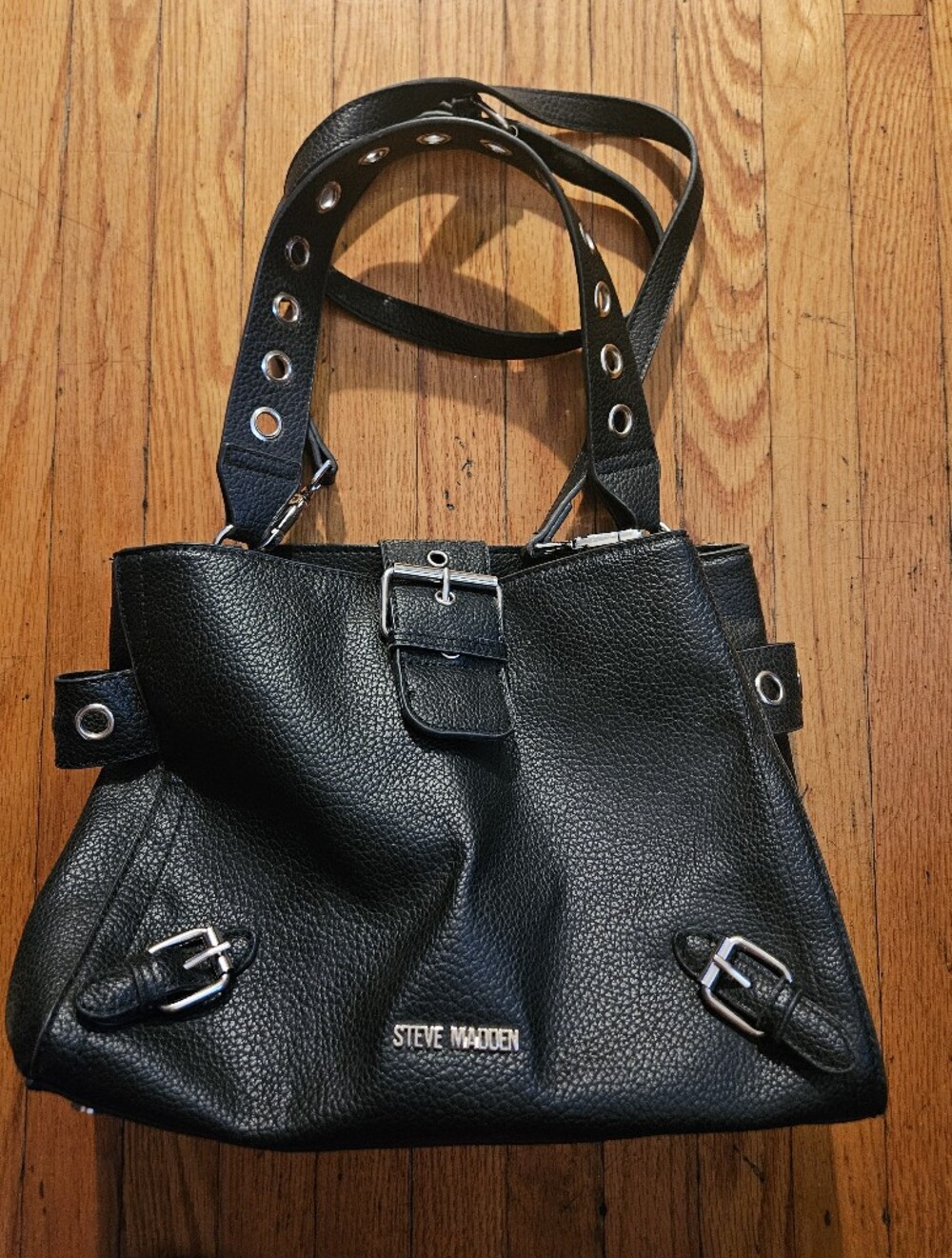 Steve Madden Black Pebbled Leather Grommet Strap Shoulder Bag